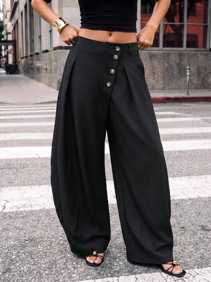 Avantive Women's Autumn/Winter Solid Color Button Front Casual Curved Leg Trousers