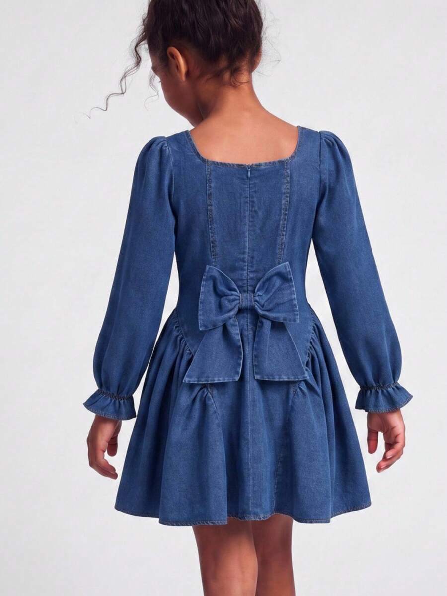 Maija Kids Maija Kids 女童3D蝴蝶结装饰深蓝色牛仔连衣裙 - 深色水洗藍 - 查看 1
