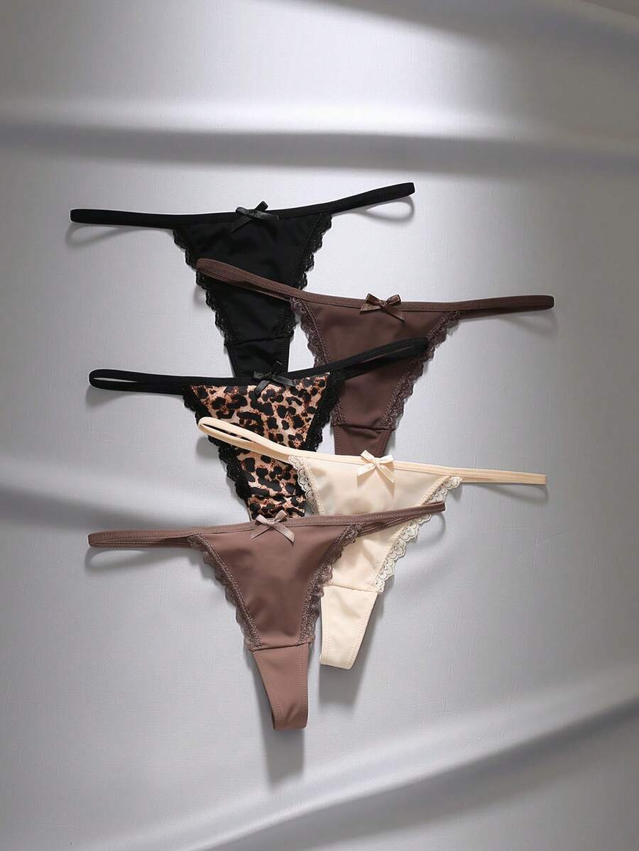 EmpressEnvy 5pcs/Pack Women's Lace Patchwork Bow Tie Leopard Print Thong Panties - Multicolor - View 1