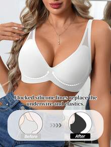 1pc Women's Seamless Wireless Bra, V-Neck Gather Jelly Soft Support Comfortable Solid Color Mesh Hollow-Out Bra With Molded Cup Wedding - White - View 7