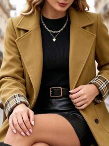 Velvienne Autumn/Winter Black Plaid Double-Breasted Wool Blazer With Classic Notch Lapel, Folded Cuffs, Patchwork Sleeve Design, Plus Size Formal Elegant - Khaki - View 6