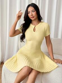 SHEIN PETITE Elegant, Minimalist Yellow Knit A-Line Dress For Petite Women-Perfect For Commuting. - Yellow - View 6