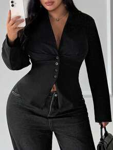 SHEIN SXY Plus Size Summer Black V-Neck Long-Sleeved Fitted Short Coat With Button Decorations, Concert Cocktail, Office, Elegant, Formal, Old Money, Classic - Black - View 8