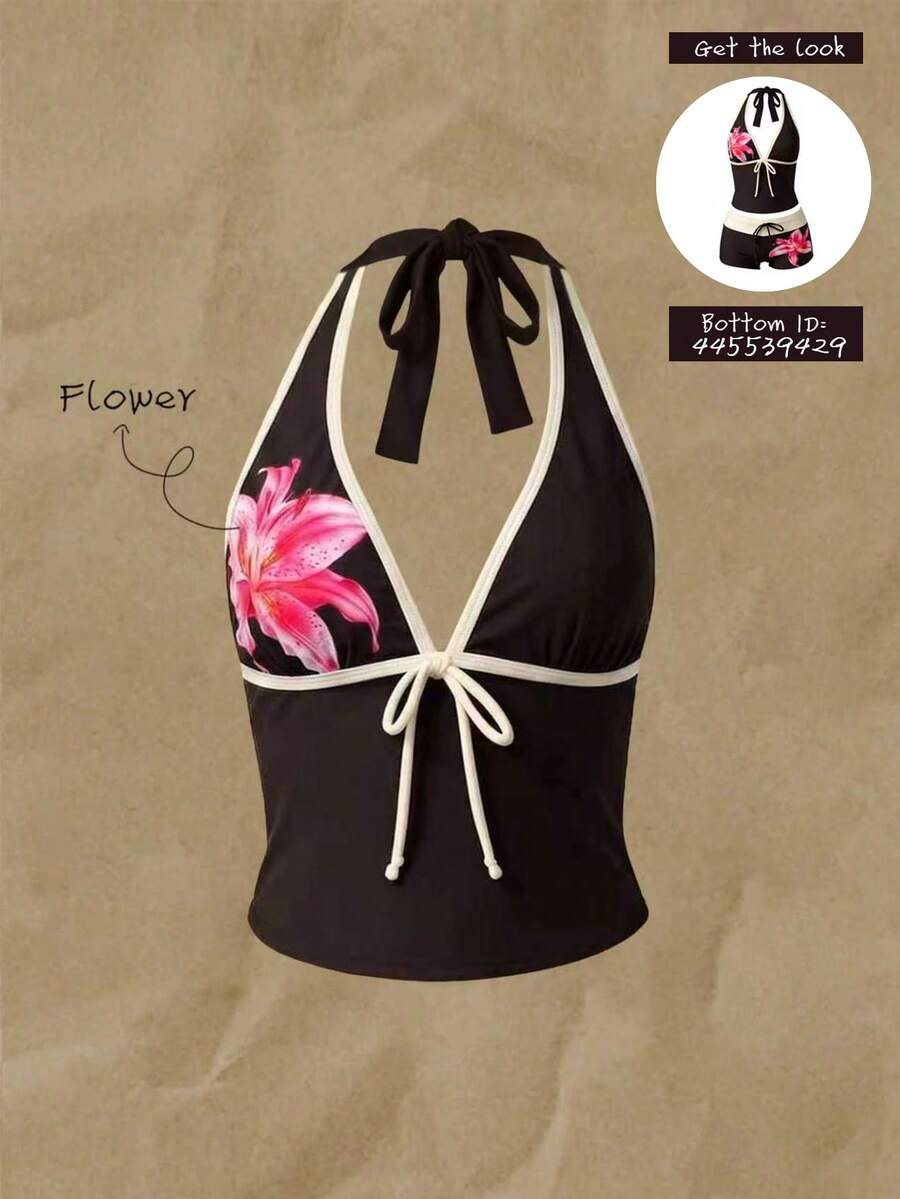 SHEIN Swim 女士春夏蝴蝶结细肩带印花比基尼上衣 - 彩色 - 查看 1