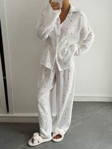 Livesso Petite Women's Heart Pattern Long Sleeve Single-Breasted Top And Pants Casual 2 Pieces Set Fall - White - View 4