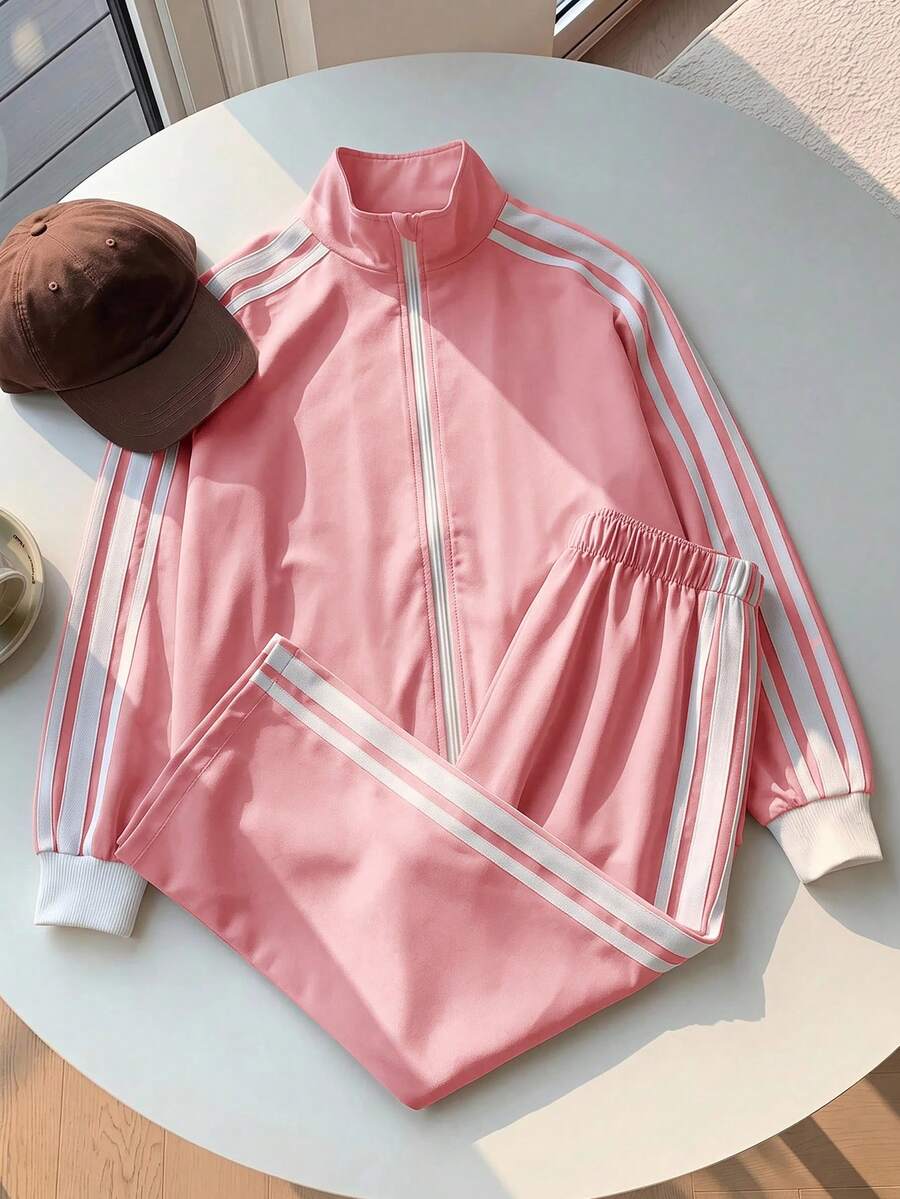 SHEIN 兒童青少年女孩休閒新款秋冬時尚海軍藍與白色條紋拼接長袖拉鍊外套與長褲2件套,返校穿搭 - 粉色 - 查看 1