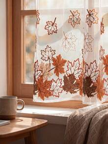 1Pc Mesh Yarn Multi-Color Maple Leaf Embroidered Small Curtains, Partition Coffee Curtains, Wear Rods To Hang Thanksgiving & Harvest Festival Decorative Curtains - Multicolor - View 3
