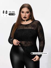 SHEIN CURVE+ 大尺碼女款黑色蜘蛛網圖案透視上衣，萬聖節 - 黑色 - 查看 1