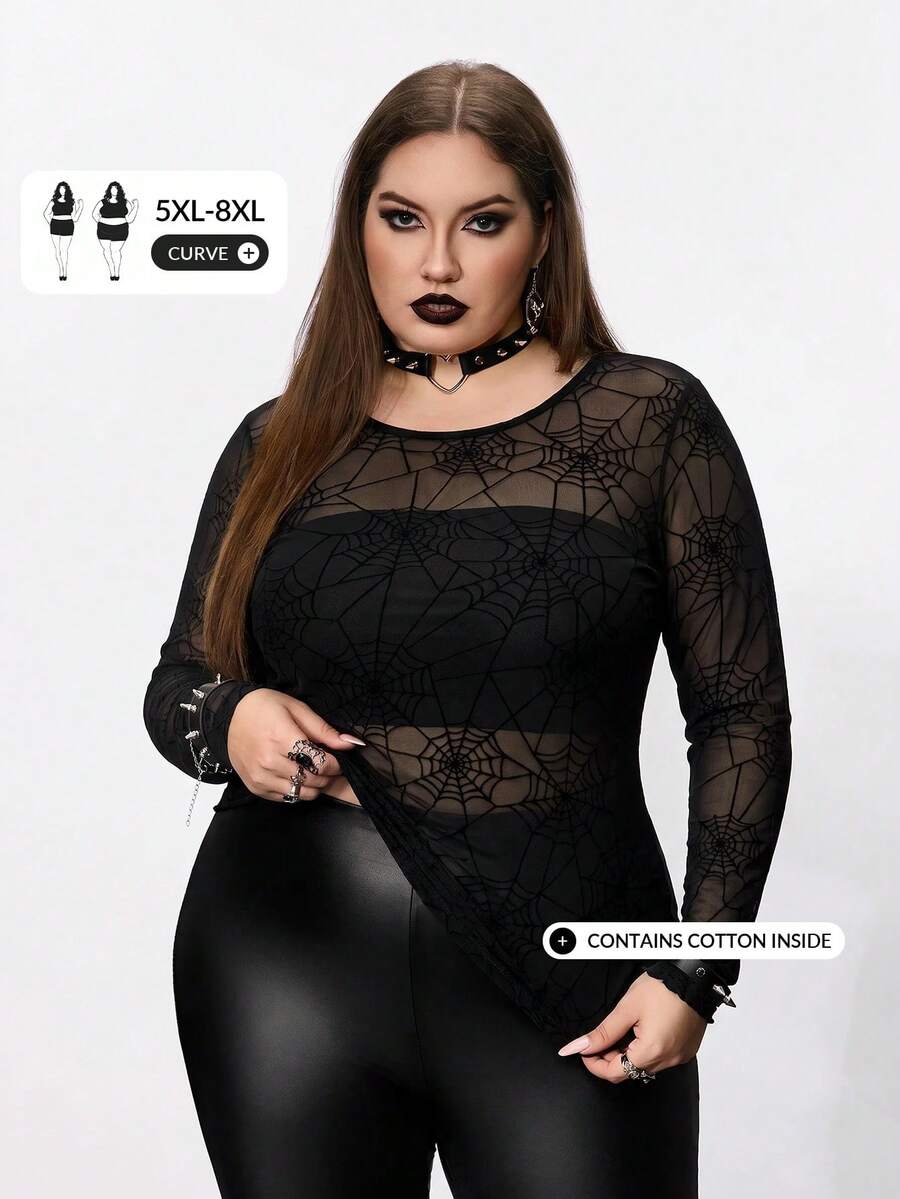 SHEIN CURVE+ 大尺碼女款黑色蜘蛛網圖案透視上衣,萬聖節 - 黑色 - 查看 1