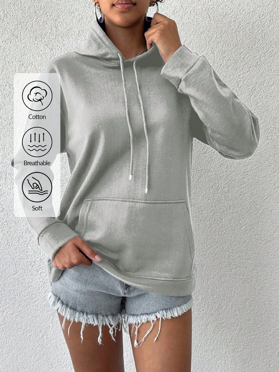 EURMUSE Women's Solid Color Drawstring Hoodie - Grey - View 1