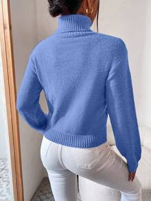 EURMUSE Women's Casual Everyday Commute Solid Color High Neck Cable Knit Pullover Sweater, Autumn/Winter - Baby Blue - View 2