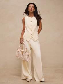 Glamine Beige Sleeveless Vest Gold Button High Waist Wide Leg Pants Two Piece Set Old Money Quiet Luxury Elegant Office Work Business Commute Fall Formal Chic - Apricot - View 6