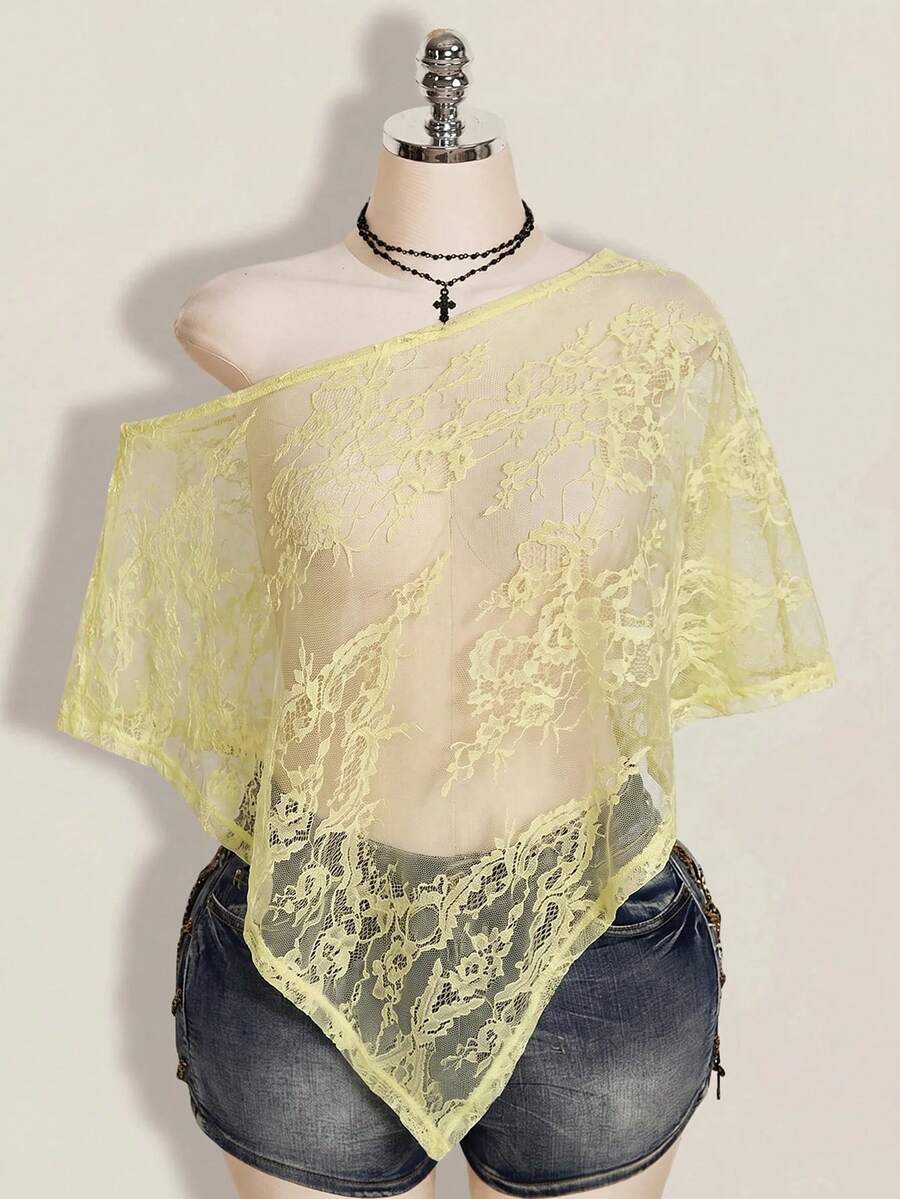 SHEIN ICON 女款大尺碼性感透視蕾絲罩衫 - 淡黃色 - 查看 1