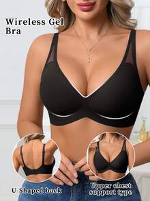 1 buah Bra Tanpa Jahitan dan Tanpa Kawat untuk Wanita, Bra V-Neck dengan Cup Cetak Lembut dan Nyaman, Warna Polos, Berongga, dan Berbahan Jelly, dengan Dukungan Lembut dan Warna Solid. - Hitam - View 6