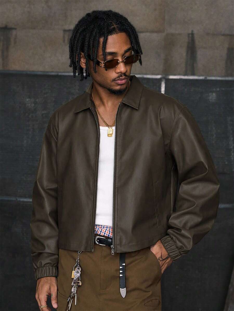 AXEPEAK Men's PU Leather Jacket With Lapel Collar, Long Sleeves And Zipper Front - Brown - View 1