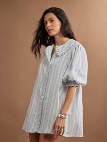 WESTFADE Embroidered Plaid Ruffle Collar Button Front Puff Sleeve Babydoll Mini Dress, Fall, Winter, Autumn, Female Country Look, Cowgirl, Church, Festival - Green - View 4