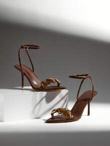 SHUZIA Sandal Hak Stiletto Bertali Pergelangan Kaki dengan Dekorasi Pita Elegan untuk Wanita - Chocolate Brown - View 6