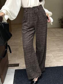 DAZY Autumn/Winter Straight Leg Loose Plaid Wool Fabric Commuter Style Women's Wide Leg Pants - Brown - View 1