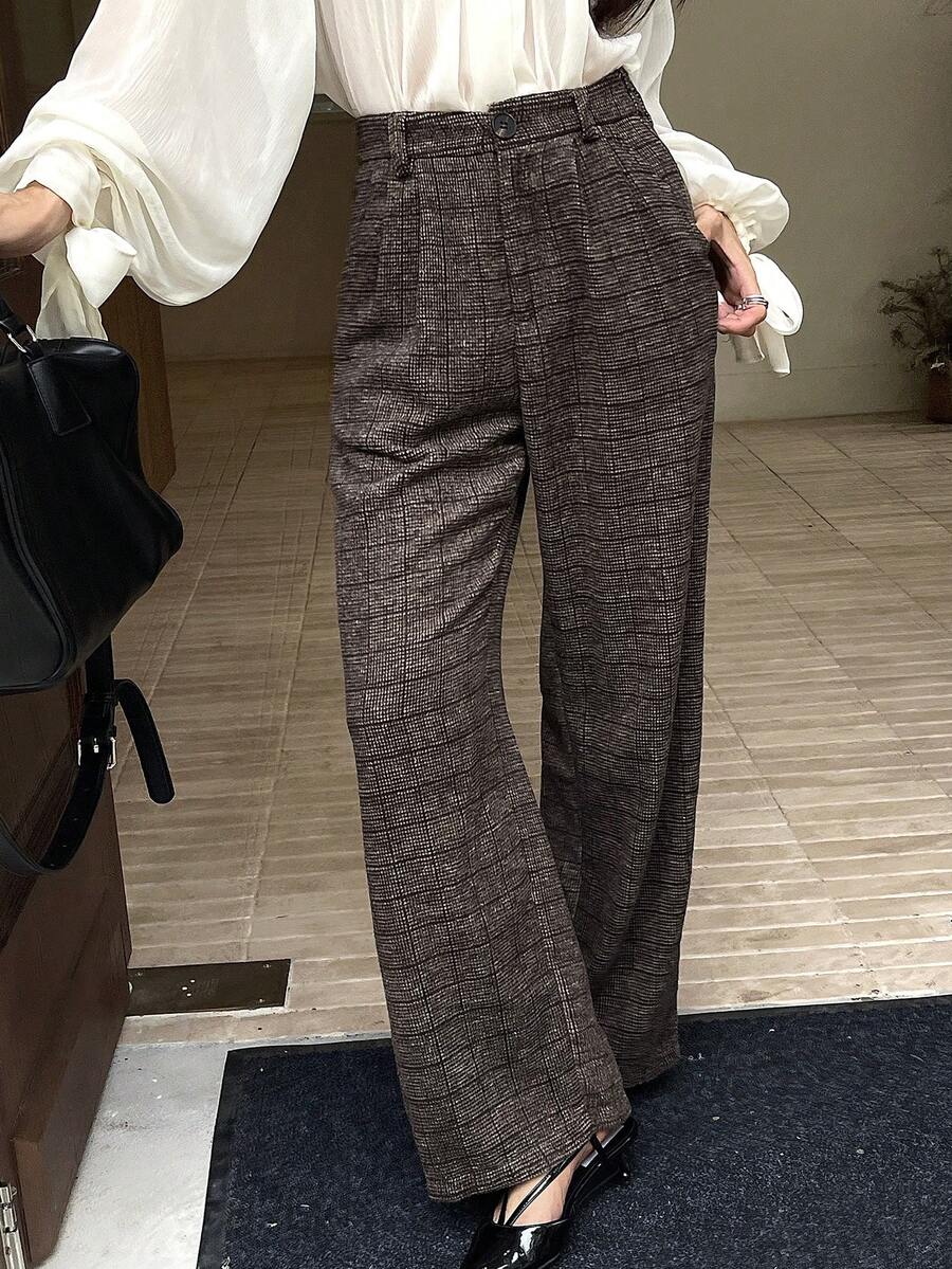 DAZY Autumn/Winter Straight Leg Loose Plaid Wool Fabric Commuter Style Women's Wide Leg Pants - Brown - View 1