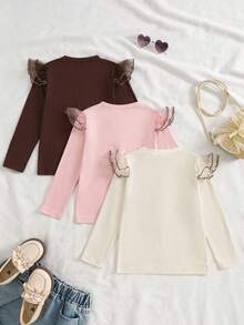 SHEIN Sparklyn 3件組女童秋冬保暖內搭上衣，刺繡愛心長袖上衣，幼女服飾套裝 - 彩色 - 查看 2
