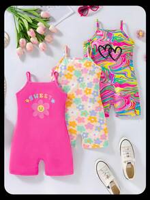 SHEIN 3 件套女童迷彩、心形印花、花卉印花和纯色花卉印花连体裤套装 - 彩色 - 查看 1