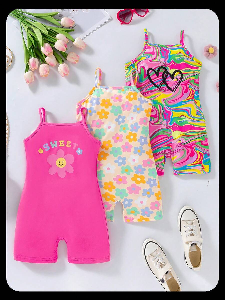 SHEIN 3 件套女童迷彩、心形印花、花卉印花和纯色花卉印花连体裤套装 - 彩色 - 查看 1