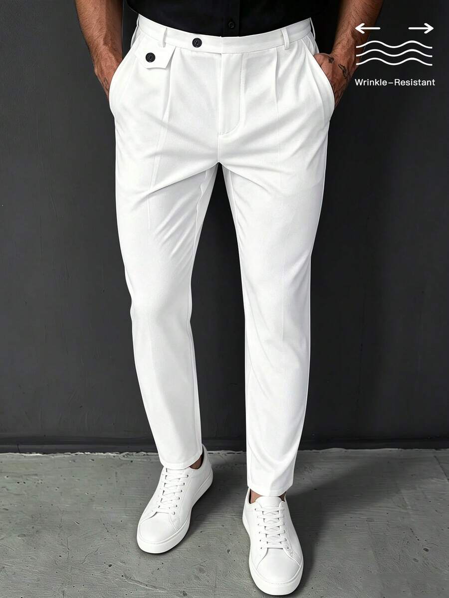 Manfinity Mode Men's White Solid Color Durable Business Commute Slim Straight Leg Dress Pants - White - View 1