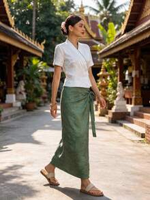 Zaforene Women's Vacation Jacquard Side-Tie Elegant Rough Skirt Olive Green Summer Tyrande Party High Tea Holiday - Multicolor - View 1