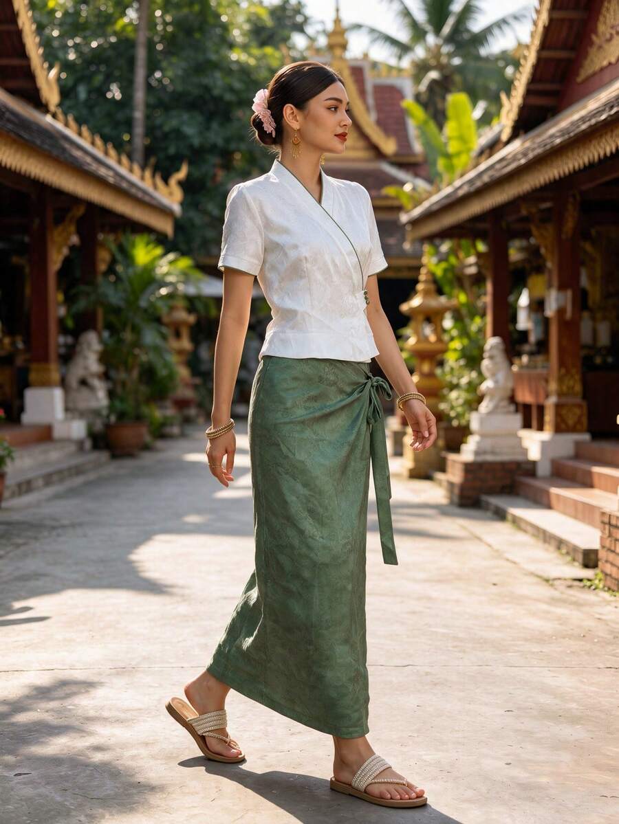 Zaforene Women's Vacation Jacquard Side-Tie Elegant Rough Skirt Olive Green Summer Tyrande Party High Tea Holiday - Multicolor - View 1