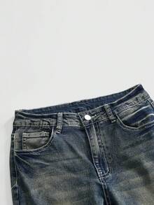 ROMWE Grunge Punk 女款夏季套裝 龐克辣妹風 百搭復古圖案刺繡修身喇叭牛仔褲 淺藍色 - 中等水洗藍 - 查看 3