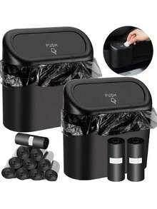 1PC Multifunctional Hanging Car Trash Can With Lid, Waterproof Leakproof Auto Garbage Bin, Dual-Use Storage Organizer For Car Door Cup Holder Office Desktop Small Waste Container, Comes With 2 Rolls Of Small Garbage Bags - Black - View 10