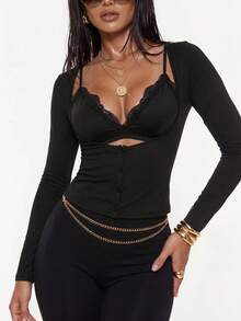 Nuvra Long-Sleeve Cardigan Two Pieces Set,Elegant Women's Blouses ,Black Top - Black - View 5