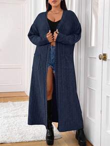 SHEIN EZwear 大尺碼女款素色長袖羅紋開襟休閒長版開襟外套 秋季 - 藏蓝色 - 查看 5