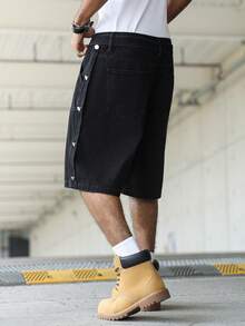 Manfinity Roghcode 男士街頭風休閒多扣環腰帶黑色大尺碼牛仔短褲 - 黑色 - 查看 4
