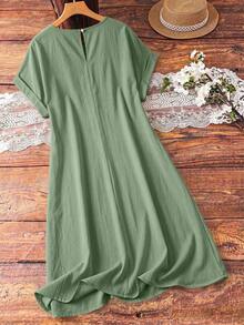 SHEIN LUNE Women Plus Size Solid Color Lace Hollow Out Sleeveless Dress - Olive Green - View 2