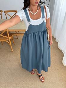 Enliva Plus Size Loose Black Strap Dress - Blue - View 8