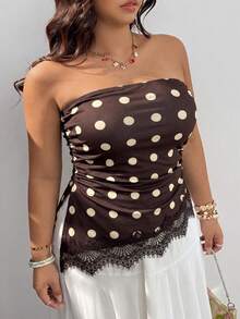 GalTyme Atasan Bandeau Motif Polkadot Patchwork Renda untuk Wanita Ukuran Plus - Coklat - View 3