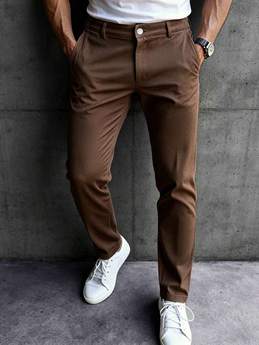 Manfinity Mode Men's Casual Minimalist Button Pocket Pants For Commuting And Office - Brown - View 1