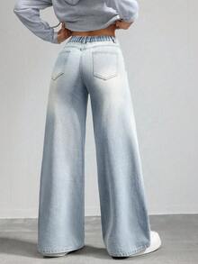 SHEIN Loose Fit Light Blue Denim Pants For Tween Girls Summer World Cup Independence Day Beach Graduation - Blue - View 5