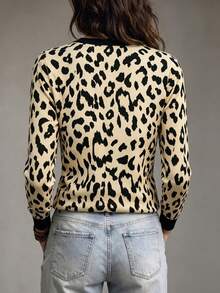 RosyDaze Leopard Print Long Sleeve T-Shirt, Versatile Style Suitable For Outdoor Wear, V-Neck Metal Zipper Design - Multicolor - View 2