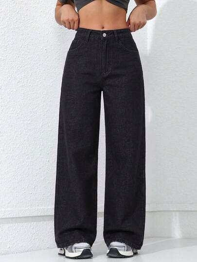 SHEIN PETITE Women's Wide Leg Loose Casual Streetwear Versatile Denim Jeans With Pockets Everyday School All Black Summer