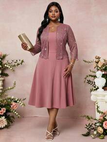 SHEIN Lady Plus Size Elegant Party Sequin Top & Dress 2 Pieces Set - Dusty Pink - View 3