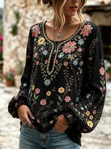Selamara Floral Print Lantern Sleeve Casual Loose Fit Top - Black - View 7