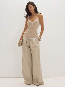 MUSEYN Beige Woven Loose Fitting Oversized Wide Leg Belt Loop Detail Suit Trousers Structured Tailored Everyday Office Fall New Season - Light Grey - View 1