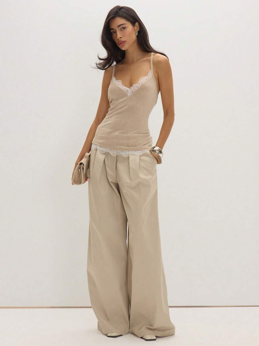 MUSEYN Beige Woven Loose Fitting Oversized Wide Leg Belt Loop Detail Suit Trousers Structured Tailored Everyday Office Fall New Season - Light Grey - View 1