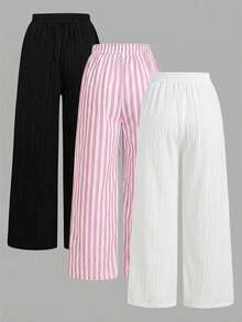 SHEIN Tall CURVE 大尺碼女款抽繩腰休閒百搭日常穿著長褲 3 件套 - 彩色 - 查看 4