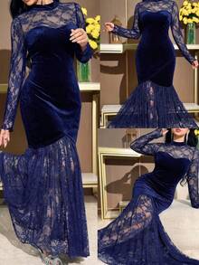 Feyla Plus Size Elegant Sexy Lace Patchwork Mermaid Dress - Navy Blue - View 6