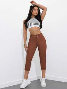 SHEIN Essnce 休閒水洗修身牛仔褲 - 咖啡棕 - 查看 6