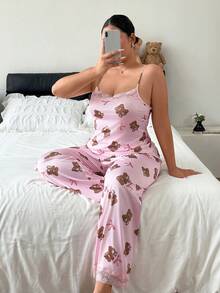Napfluff CURVE Napfluff CURVE Light Pink Bear Print Camisole Pants Pajama Set, Lace Trim Spaghetti Strap Long Pants Sweet Girl Home Wear 2 Pieces Set Night Summer - Pink - View 1