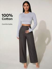 SHEIN PETITE 高腰寬腿夏季長褲 100%純棉 - 深灰色 - 查看 5